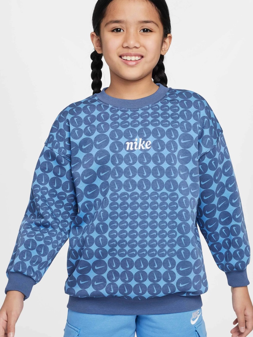 Nike Youth L Crewneck Pullover Sweatshirt Blue/Gray Fleece All-Over Swoosh